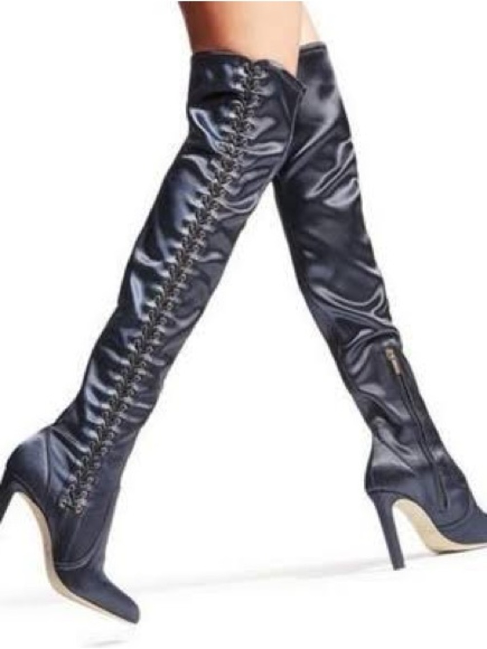 Jimmy Choo Navy Over-the-Knee Lace-Up Satin Stiletto Boots